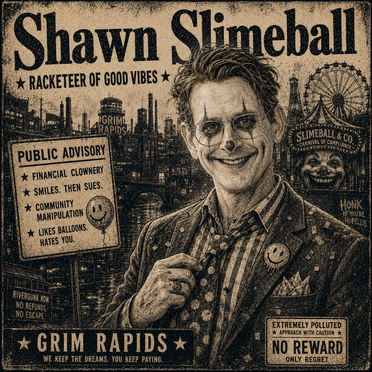Satirical poster artwork for Shawn Slimeball